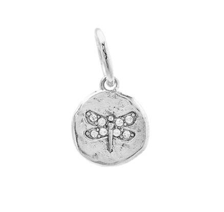 The Waxing Poetic illuminations charm - dragonfly is a round sterling silver pendant with a raised dragonfly halo and sparkling clear Kristal crystal accents, finished with a small loop for easy jewelry attachment.
