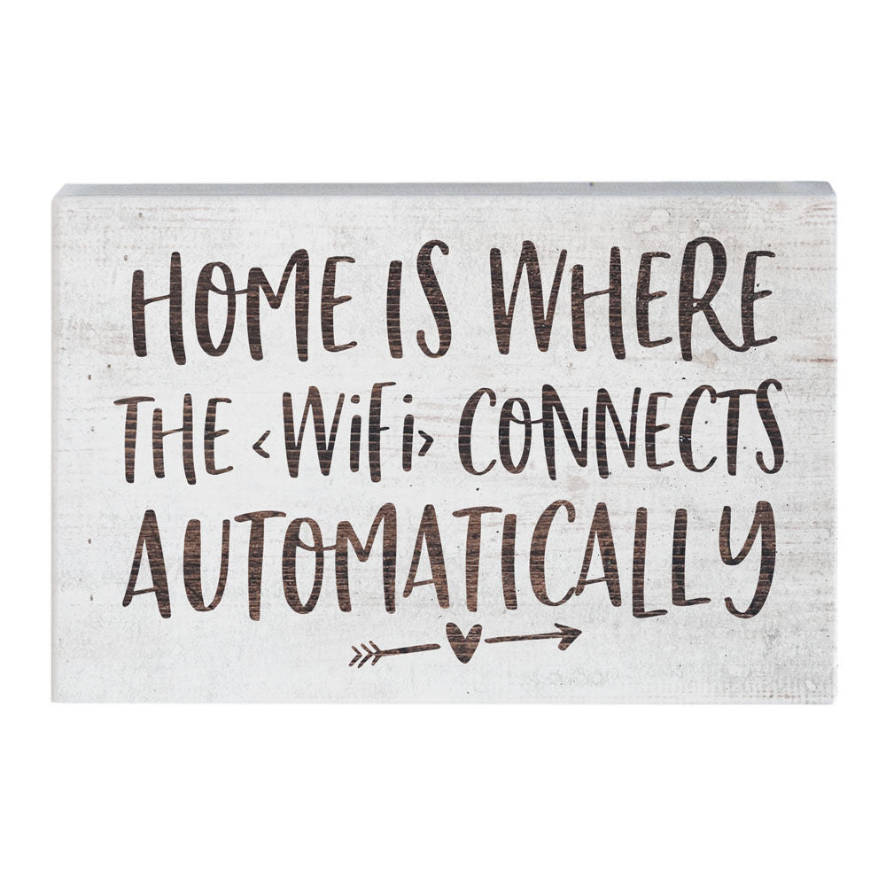 The SincereSurroundings Wifi Connects sign features black lettering on white wood with an arrow and heart—ideal as a handcrafted shelf display for any Rock Rapids home.