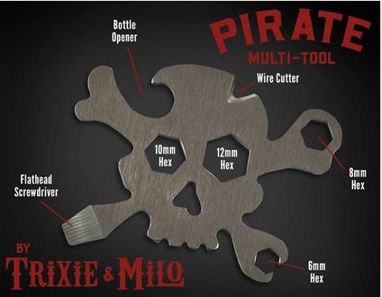 The Pirate Multi-Tool 7-in-1 by LuckyJack is a metal skull-shaped pocket tool with a bottle opener, wire cutter, flathead screwdriver, and 6mm/8mm/10mm/12mm hex sizes for piratical utility.