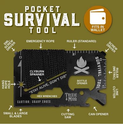 A labeled diagram of the black LuckyJack Survival Tool, a credit card-sized gadget with 15 functions—screwdrivers, rulers, emergency rope, bottle opener, hex wrenches, cutting saw, can opener, and blades—displayed on an olive background.