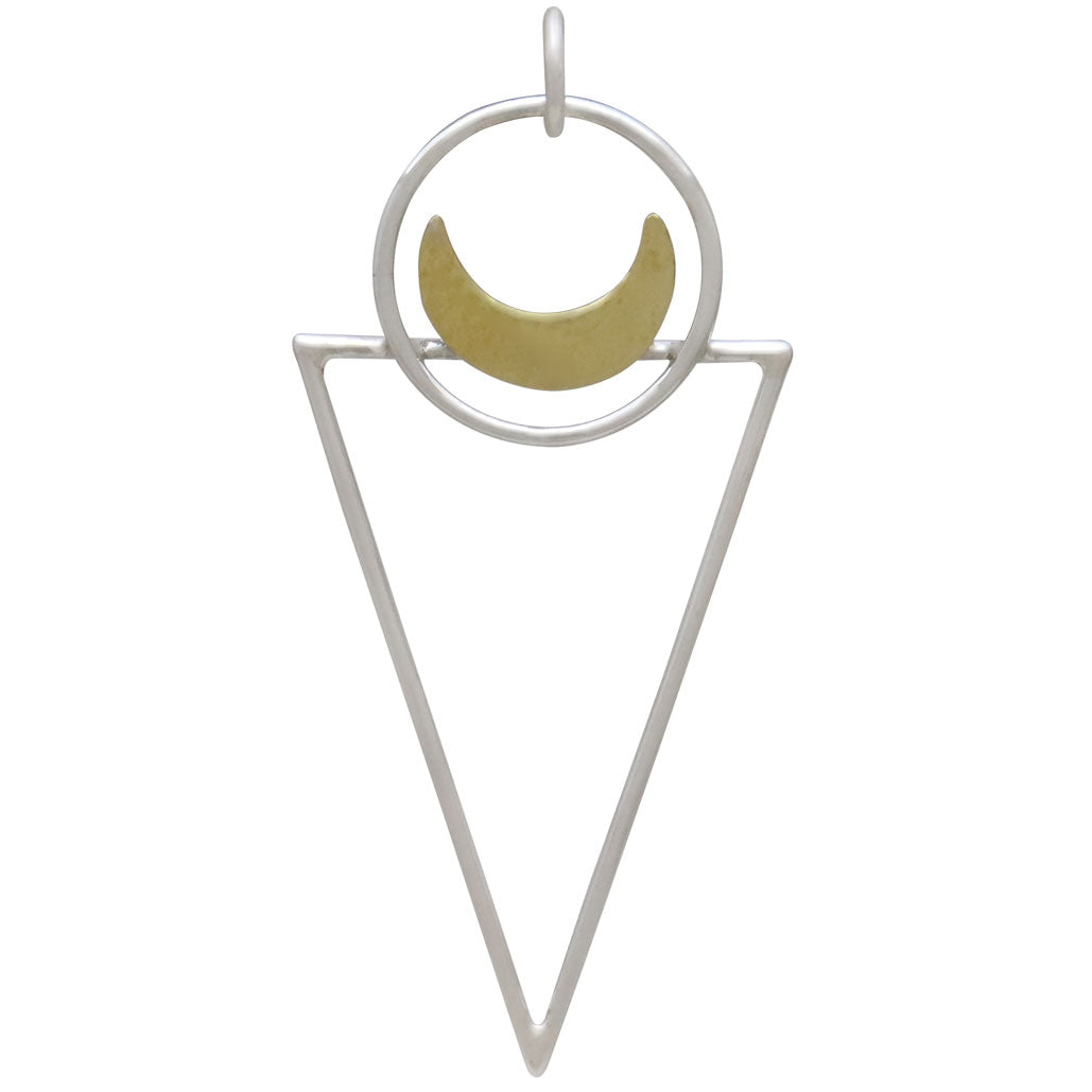 The Nina Designs Sterling Silver Triangle Pendant with Bronze Moon features a bronze crescent moon inside a silver circle, accented by a large silver triangle and a soldered jump ring for secure attachment.