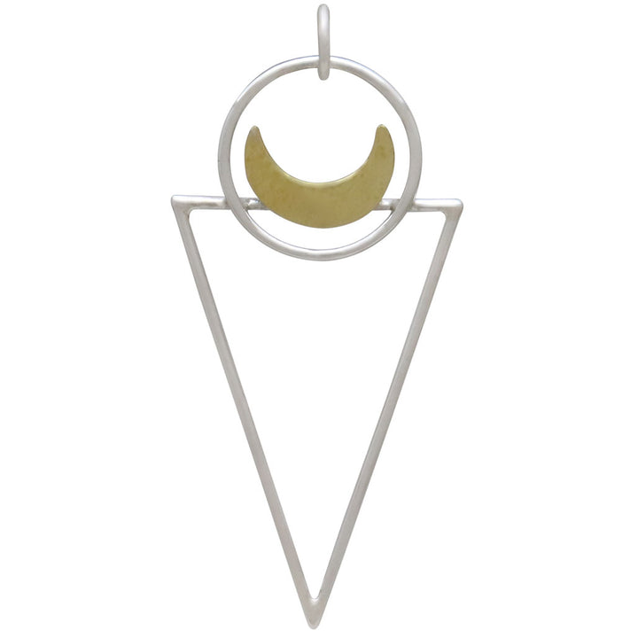 The Nina Designs Sterling Silver Triangle Pendant with Bronze Moon features a bronze crescent moon inside a silver circle, accented by a large silver triangle and a soldered jump ring for secure attachment.