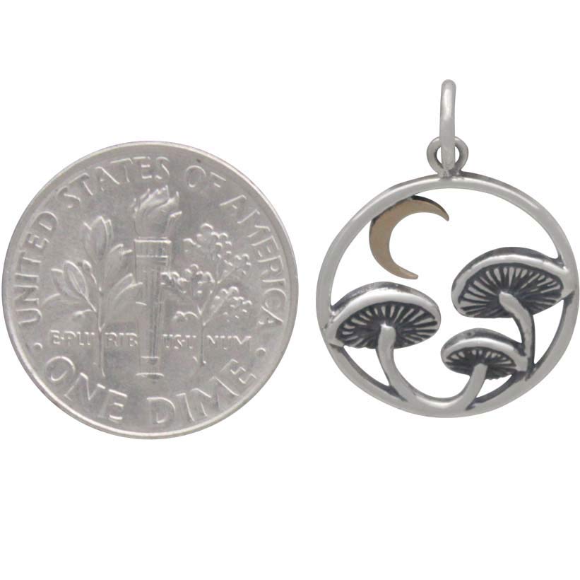 18 Inch Silver  Mushroom Necklace with Bronze Moon