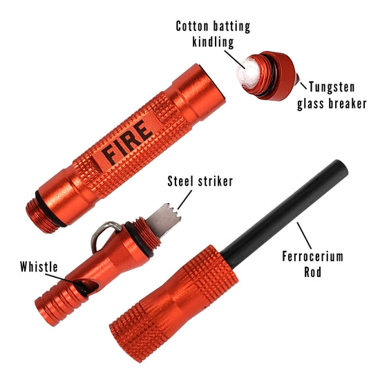 The LuckyJack Pocket Fire Starter Tool unscrews to reveal labeled parts: cotton batting kindling, tungsten glass breaker, steel striker, whistle, and ferrocerium rod—ideal for camping or emergencies.