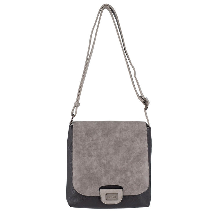 The Amy Crossbody - Grey by Liz Soto Handbags is a gray and black vegan leather bag with a long adjustable strap, rectangular flap closure, and metal clasp. Its design is simple and modern.