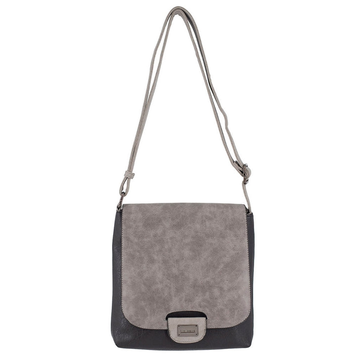 The Amy Crossbody - Grey by Liz Soto Handbags is a gray and black vegan leather bag with a long adjustable strap, rectangular flap closure, and metal clasp. Its design is simple and modern.