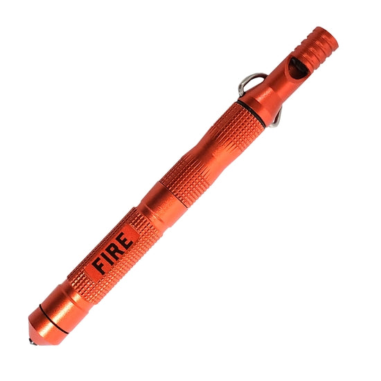 The LuckyJack Pocket Fire Starter Tool is a red emergency device labeled "FIRE," with a whistle, pointed tip, textured grip, and keyring—ideal for camping or survival situations.