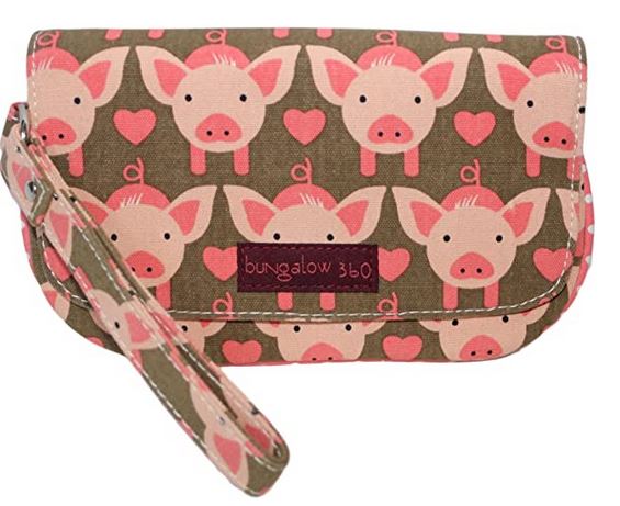 The Bungalow 360 Large Wristlet Pig is an eco-friendly, vegan canvas purse featuring a green background with pink pig faces and hearts, strap, and signature label—perfect for carrying essentials in style.