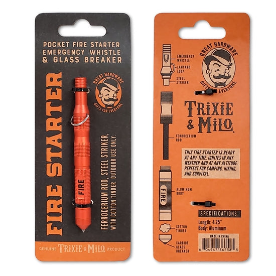 Front and back of LuckyJack Pocket Fire Starter Tool packaging, showing a red fire starter labeled “FIRE.” Perfect for camping and survival, the packaging highlights its whistle, emergency fire starter, and glass breaker features.