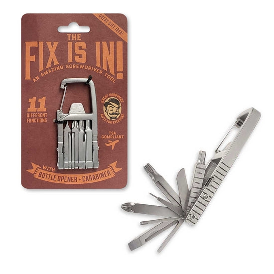 The LuckyJack "The Fix is In Carabiner" multi-tool is shown packaged and open, featuring 11 functions, a bottle opener, carabiner clip, and TSA compliance. Packaging reads: “The Fix Is In! An Amazing Screwdriver Tool.”.