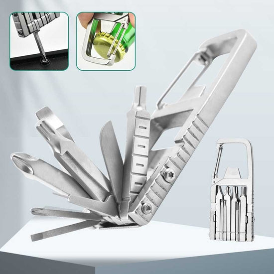 The Fix is In Carabiner by LuckyJack is a silver stainless steel multi-tool with fold-out tools—knife, screwdriver, and bottle opener. Displayed open, insets show screwdriver and bottle opener use. Features an integrated carabiner clip for easy carrying.