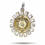 The Waxing Poetic Made of Stars Spinner Pendant showcases a gold and silver sunburst design with alternating rays and gemstones, circular pattern, and chain-ready top loop, beautifully displayed on a white background.