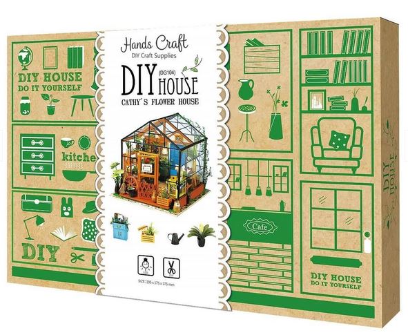 A DIY miniature kit box labeled "Cathy's Flower House DIY Miniature Kit" by Robotime, showing a photo of the completed mini greenhouse 3D puzzle and green illustrations of furniture and gardening tools on a brown background.