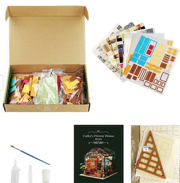Open box contains assorted miniature building materials, instruction sheets, paintbrush, glue bottles, triangular ruler, and finished model image—Robotime Cathy’s Flower House DIY Miniature Kit is perfect for creating your own mini greenhouse.