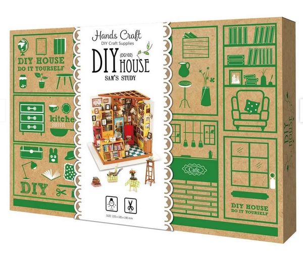 The Hands Craft Sam’s Study Room DIY Miniature Kit box displays green furniture and decor illustrations on a brown background, centered around a photo of the detailed 3D mini-study room puzzle model.