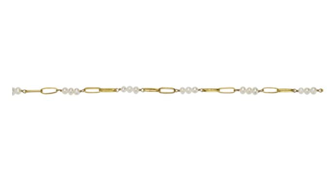 The Waxing Poetic everything beaded necklace - pearl features alternating small freshwater pearls and elongated gold chain links, shown on a white background.
