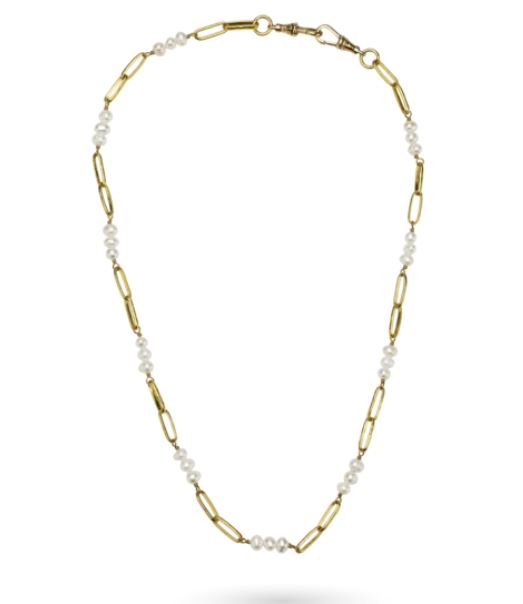 The Waxing Poetic everything beaded necklace - pearl features alternating gold chain links and small freshwater pearls in a symmetrical design—wear it as an elegant necklace or a polished mask chain.