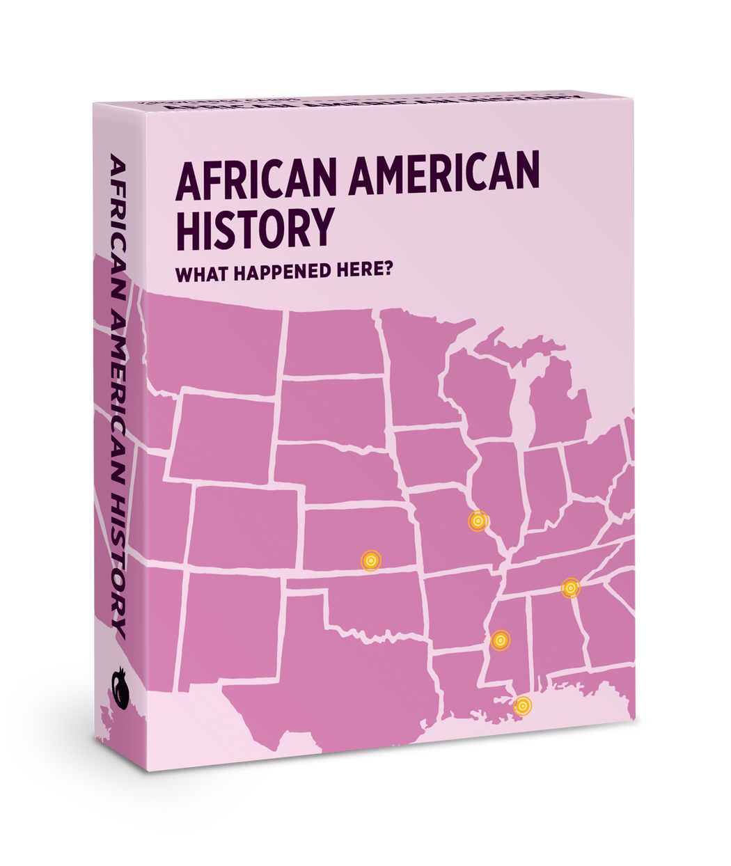 A pink box labeled "Events that shaped American history Knowledge Deck" by Pomegranate shows a simple U.S. map with yellow markers in the South and Midwest, ideal for American history trivia fans. The title appears vertically on the spine.