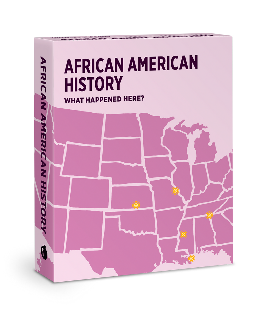 A pink box labeled "Events that shaped American history Knowledge Deck" by Pomegranate shows a simple U.S. map with yellow markers in the South and Midwest, ideal for American history trivia fans. The title appears vertically on the spine.