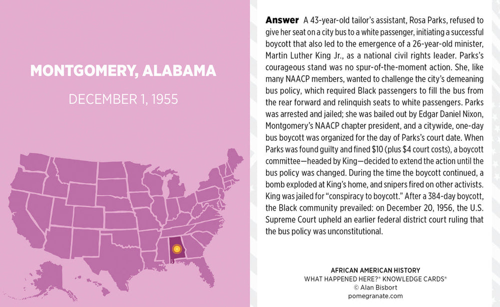 The Events that shaped American history Knowledge Deck by Pomegranate includes an illustrated card on the Montgomery Bus Boycott, featuring Rosa Parks' arrest, an Alabama map, and civil rights graphics—ideal for history buffs or trivia fans.