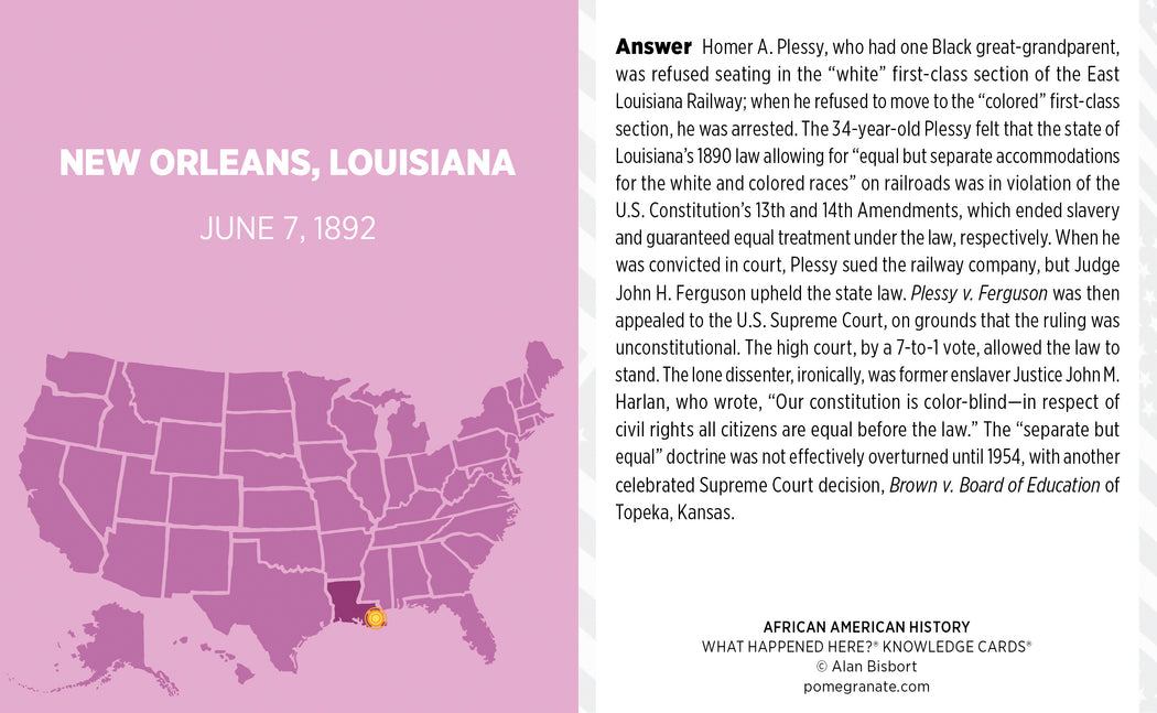 The Pomegranate Events that shaped American history Knowledge Deck features a card on Homer A. Plessy and Plessy v. Ferguson, with text and a pink New Orleans map dated June 7, 1892—perfect for American history trivia fans.