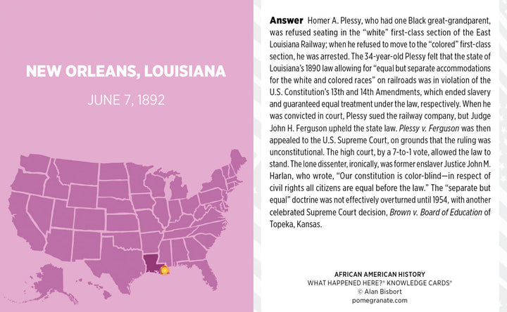 The Pomegranate Events that shaped American history Knowledge Deck features a card on Homer A. Plessy and Plessy v. Ferguson, with text and a pink New Orleans map dated June 7, 1892—perfect for American history trivia fans.