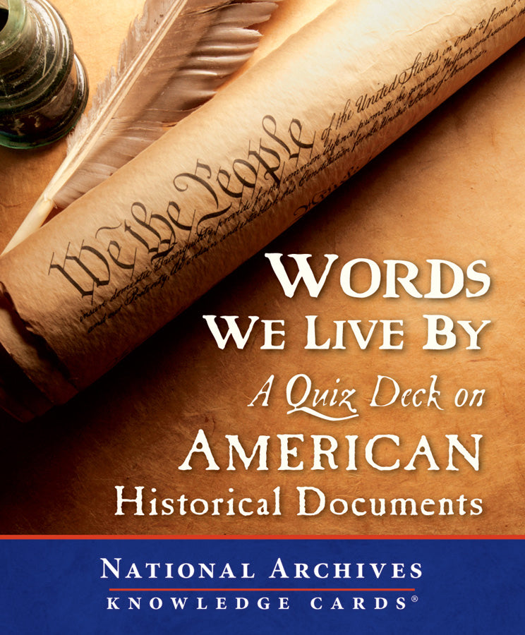 A close-up of a rolled U.S. Constitution next to a quill pen. Text reads: "American Documents Knowledge Cards. Pomegranate.