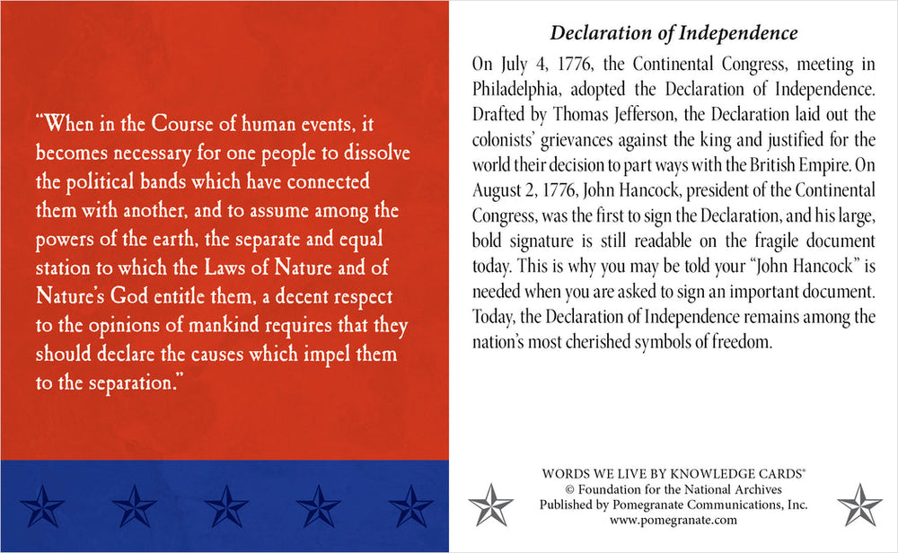 The American Documents Knowledge Cards by Pomegranate feature a quote from the Declaration of Independence on the left and a historical summary on the right, set against a starry background with a red and blue patriotic border.