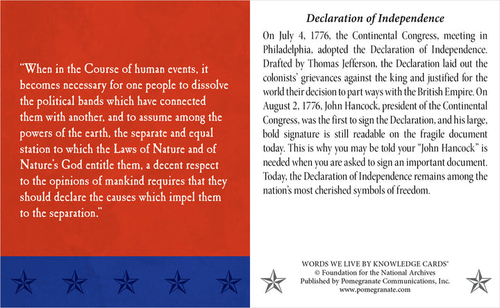 The American Documents Knowledge Cards by Pomegranate feature a quote from the Declaration of Independence on the left and a historical summary on the right, set against a starry background with a red and blue patriotic border.