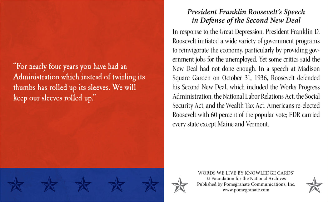 Featuring a quote from Franklin D. Roosevelt on the left and a summary of his Second New Deal speech on the right, these Pomegranate American Documents Knowledge Cards have a star-spangled background—ideal for American history quiz sessions.