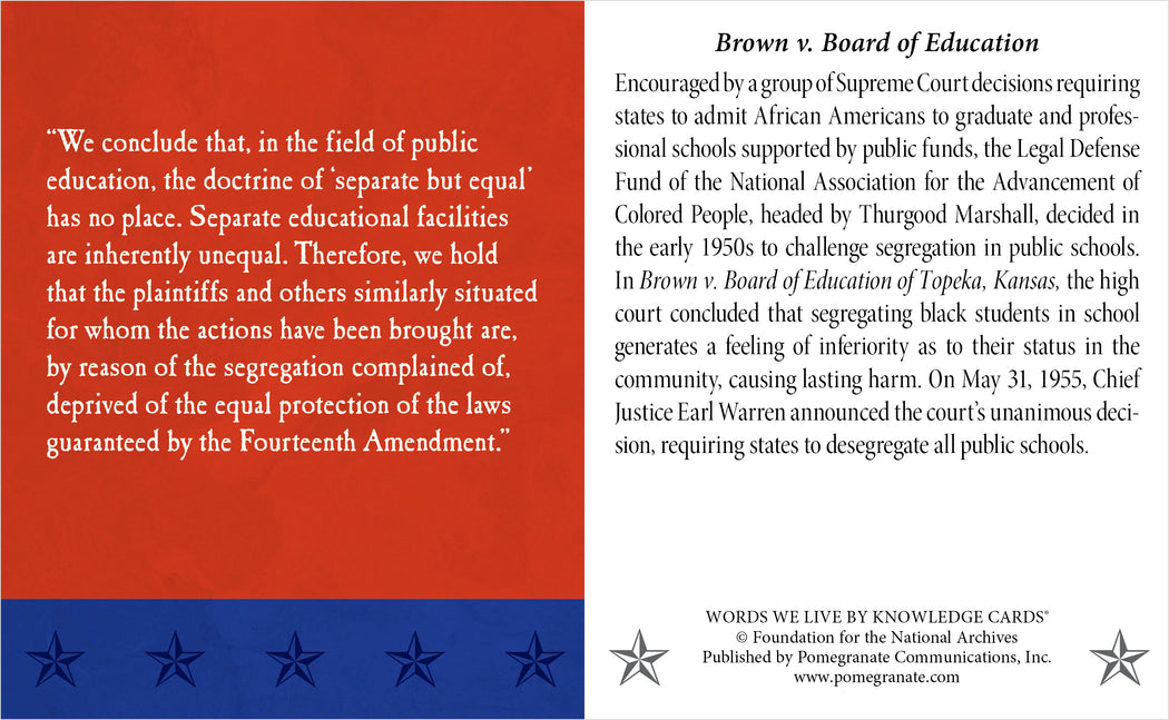The Pomegranate American Documents Knowledge Card highlights a quote on segregation and a Brown v. Board of Education summary, featuring blue and red star designs and a copyright note from the Foundation for the National Archives.