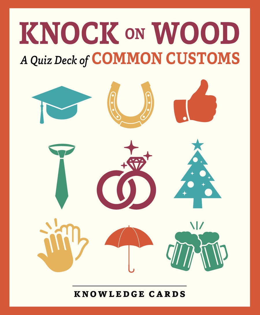 The "Knock On Wood Knowledge Cards" by Pomegranate features a cover with icons like a graduation cap and clinking beer mugs, hinting at the fun trivia about common customs found in this engaging cultural habits card deck.