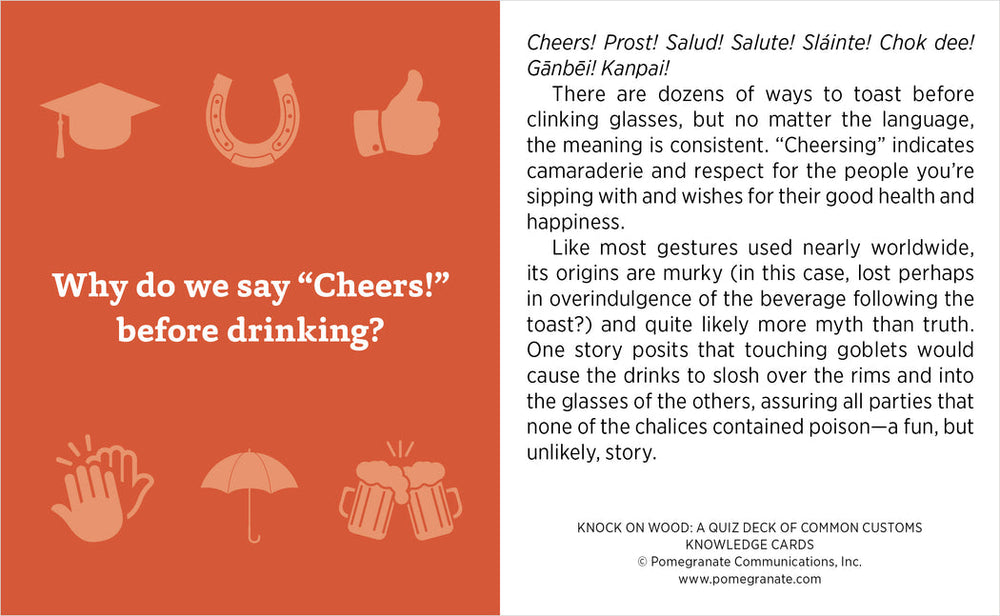 A Knock On Wood Knowledge Card by Pomegranate explains why people say "cheers" before drinking, exploring its meaning, history, and global greetings with illustrations of glasses and festive icons.