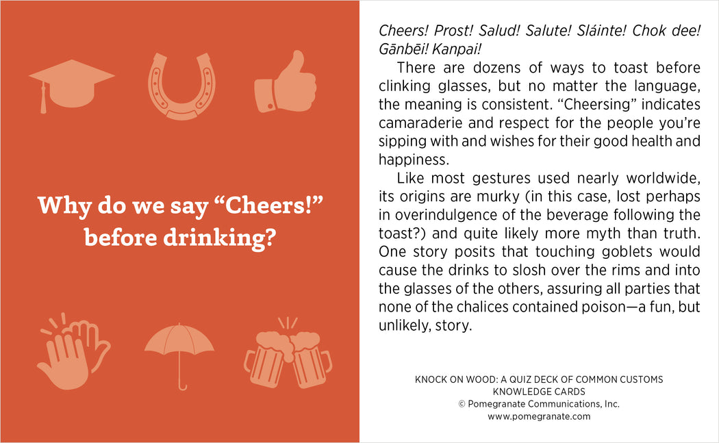 A Knock On Wood Knowledge Card by Pomegranate explains why people say "cheers" before drinking, exploring its meaning, history, and global greetings with illustrations of glasses and festive icons.