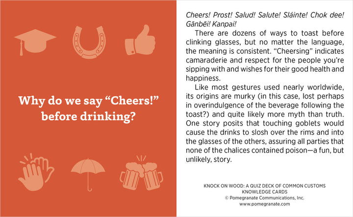 A Knock On Wood Knowledge Card by Pomegranate explains why people say "cheers" before drinking, exploring its meaning, history, and global greetings with illustrations of glasses and festive icons.