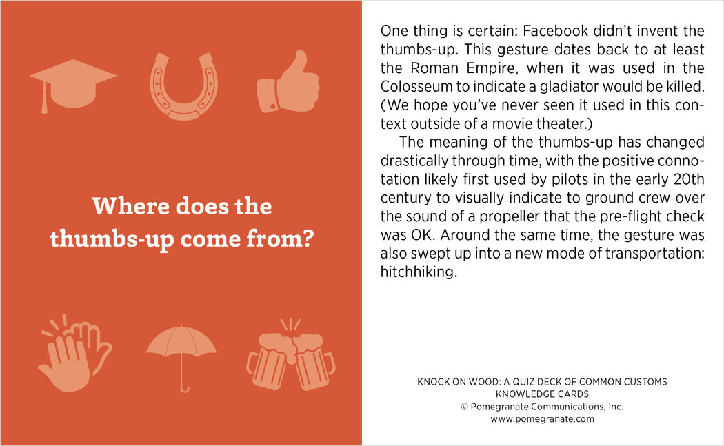 An informational card from Pomegranate’s Knock On Wood Knowledge Cards titled "Where does the thumbs-up come from?" explores the gesture’s origins—Ancient Rome, pilots, hitchhiking—with icons like a graduation cap and horseshoe.