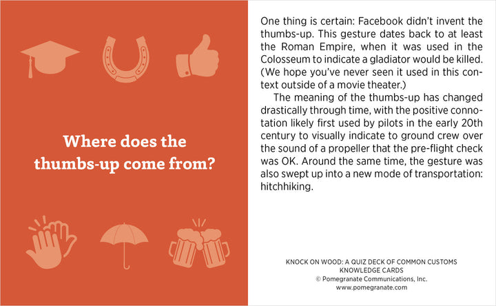 An informational card from Pomegranate’s Knock On Wood Knowledge Cards titled "Where does the thumbs-up come from?" explores the gesture’s origins—Ancient Rome, pilots, hitchhiking—with icons like a graduation cap and horseshoe.