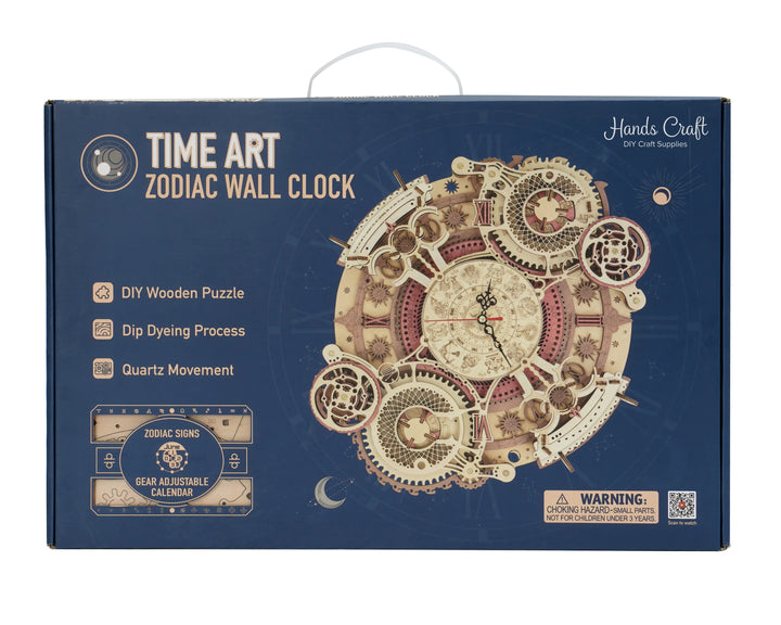 A blue "DIY Zodiac Clock" box by Robotime displays an intricate DIY kit featuring zodiac signs, a wooden puzzle, dip dyeing, mechanical gears, adjustable calendar, and quartz movement.