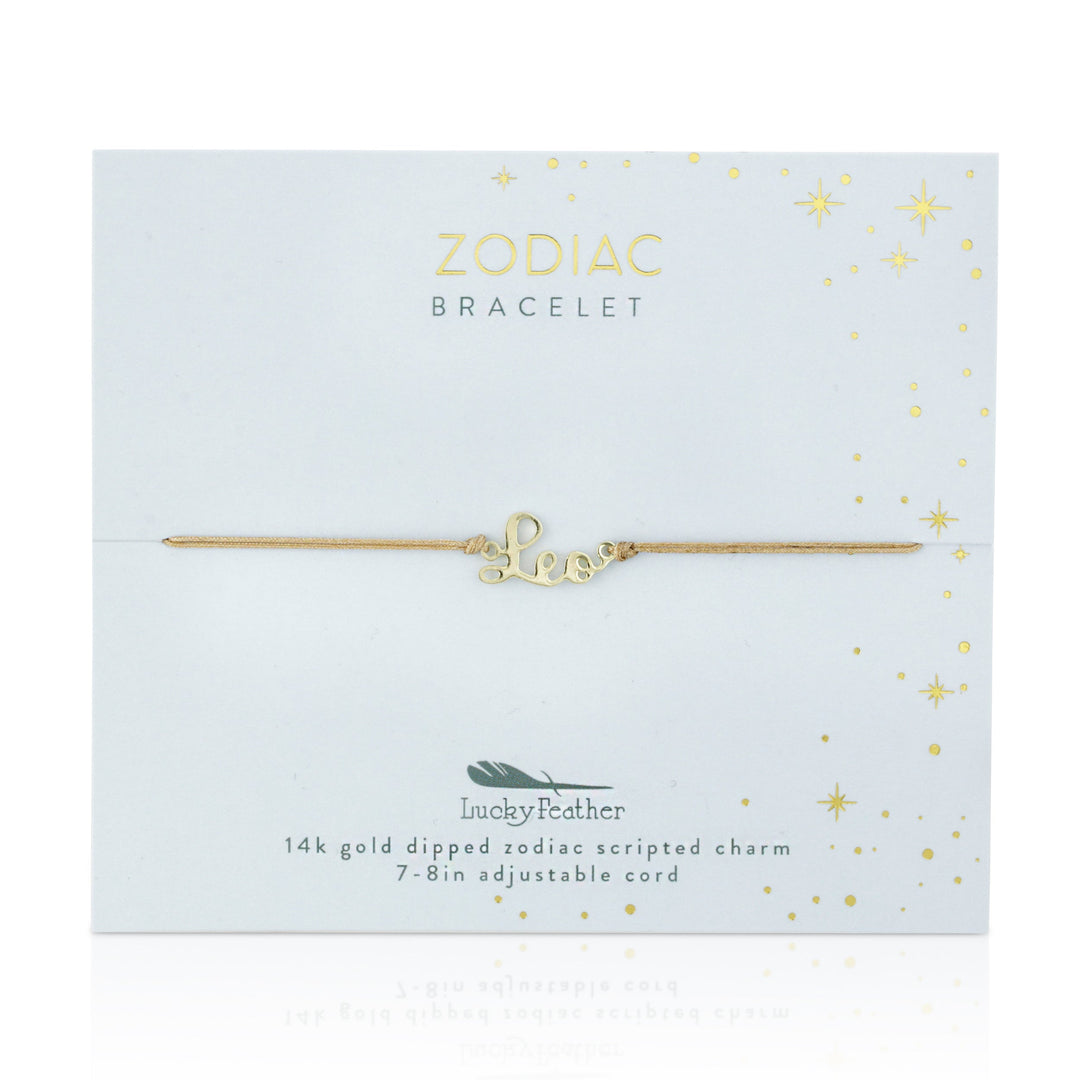 LuckyFeather's Zodiac Bracelet Leo features a minimalist design with a 14k gold-dipped "Leo" charm on an adjustable cord, elegantly presented as part of their zodiac bracelet collection.
