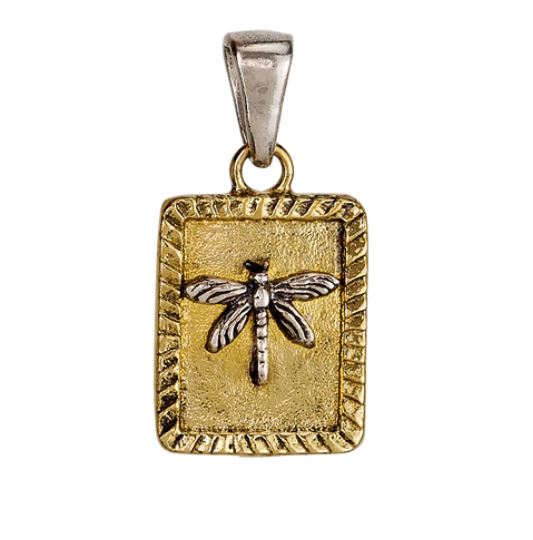 The Momento Charm - Dragonfly by Waxing Poetic features a rectangular gold pendant with a raised silver dragonfly and textured border, attached to a silver bail—perfect as seeker-inspired jewelry for your necklace.