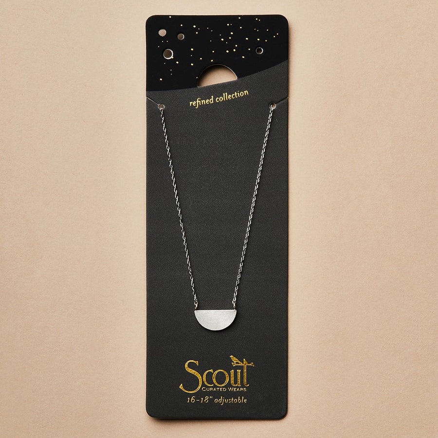 The Refined Neck Half Moon/Silver by Scout Jewelry features a half-circle pendant on a 16-18" adjustable 925 silver chain, displayed on a dark card with "refined collection" and Scout Jewelry branding plus gold star accents.