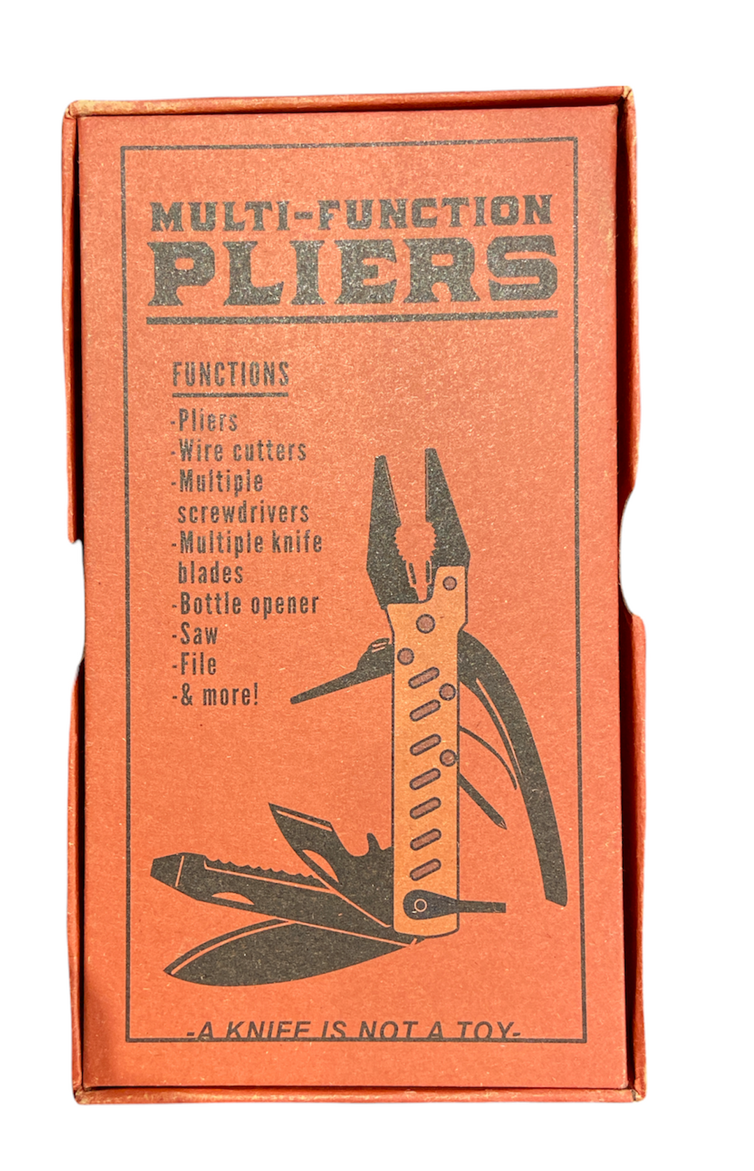 A red box displays the LuckyJack Get a Grip Multi Pliers featuring pliers, wire cutters, screwdrivers, knife blades, bottle opener, saw, and file. At the bottom: "A KNIFE IS NOT A TOY.