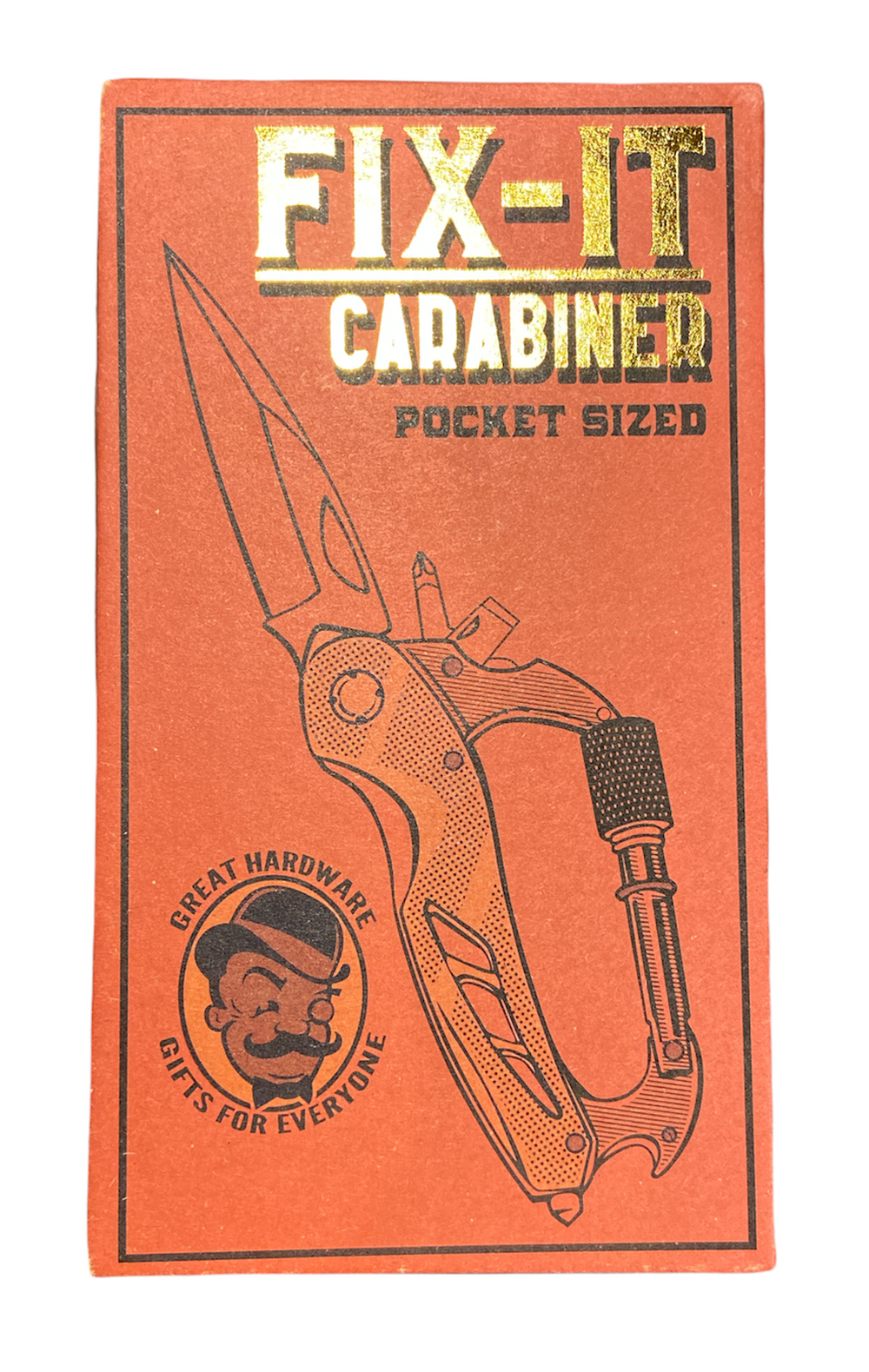 Bright orange packaging for the LuckyJack “Fix It Carabiner Multi” tool, with metallic gold title, carabiner and keychain illustration, and a logo stating "Great Hardware Gifts for Everyone.