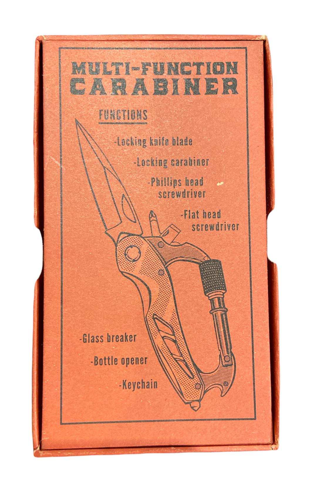 A LuckyJack Fix It Carabiner Multi box shows a drawing and lists features: locking knife blade, locking carabiner, Phillips and flat screwdrivers, glass breaker, bottle opener, and keychain attachment.