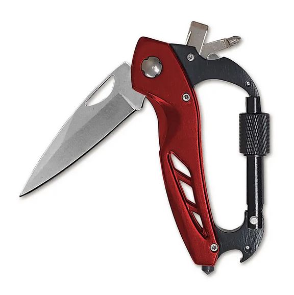 The LuckyJack Fix It Carabiner Multi is a red multi-tool featuring a folding knife, carabiner, key holder, and a top keychain attachment, shown with its blade partially open.