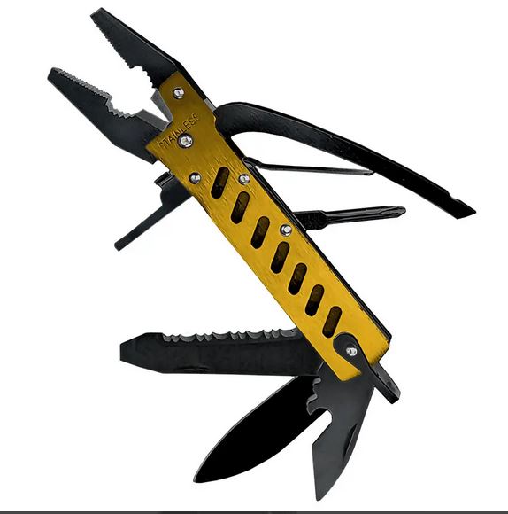 The LuckyJack Get a Grip Multi Pliers, shown on a white background, is a gold and black tool featuring pliers, wire cutters, knife, saw blade, screwdrivers, can opener, and other utility tools.