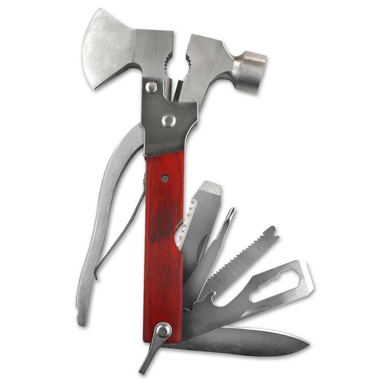 The LuckyJack Axe Multi Tool features a red handle and fold-out tools—axe, hammer, pliers, knife, saw, and more—arranged open for easy access. Perfect for camping or any outdoorsman seeking versatility and convenience.