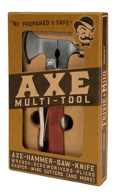 A boxed LuckyJack Axe Multi Tool is shown, ideal for camping or outdoors, featuring an axe, hammer, saw, knife, pliers, screwdrivers, wrench, wire cutters and more. The brown packaging has vintage-style lettering and a cartoon face.