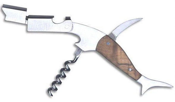 The LuckyJack Shark Corkscrew and Bottle Opener features a fish-shaped wooden handle, stainless steel opener, foil cutter, and corkscrew—an ideal multi-functional tool for wine lovers.