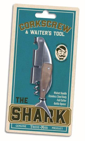 The LuckyJack Shark Corkscrew and Bottle Opener features a shark-shaped design, walnut handle, stainless steel body, foil cutter, and bottle opener—perfect for wine lovers—in retail packaging labeled "The Shark.